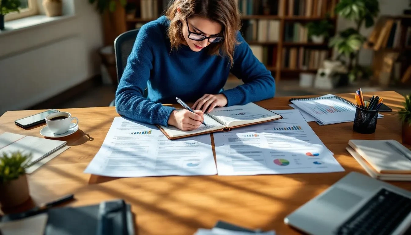 A person is seated at a desk, taking notes while comparing two documents side by side, likely analyzing job descriptions to enhance their resume writing. This scene illustrates the process of job seekers identifying relevant keywords and bullet points to optimize their applications for applicant tracking systems and impress hiring managers.